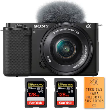 Sony ZV-E10 + 16-50mm Negro + 2 SanDisk 128GB Extreme P Sony ZV-E10 + 16-50mm Negro + 2 SanDisk 128GB Extreme P