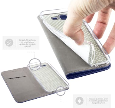 Moozy Funda para Samsung J3 2016, Azul Oscura - Flip Cov Moozy Funda para Samsung J3 2016, Azul Oscura - Flip Cov