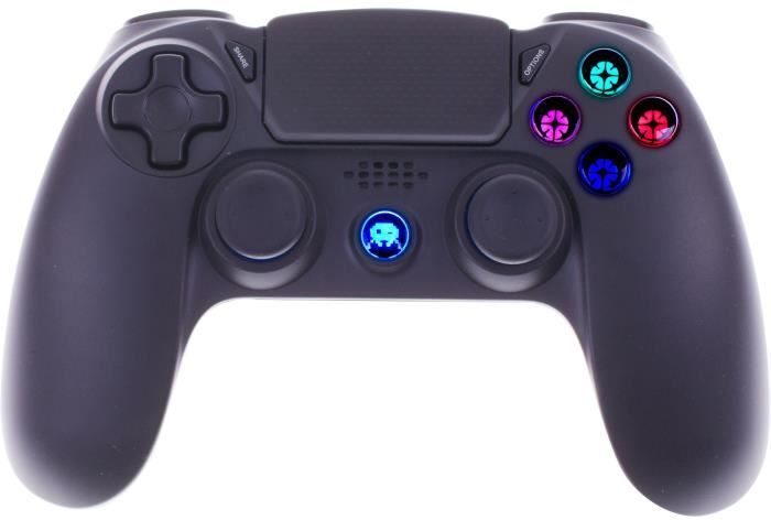 controlador inalambrico negro con conector para auriculares y botones iluminados para ps4