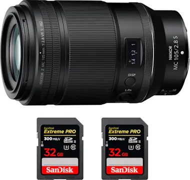 Nikon Z MC 105mm f/2.8 VR S Macro + 2 SanDisk 32GB UHS-I Nikon Z MC 105mm f/2.8 VR S Macro + 2 SanDisk 32GB UHS-I