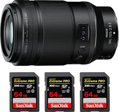Nikon Z MC 105mm f/2.8 VR S Macro + 3 SanDisk 64GB UHS-I Nikon Z MC 105mm f/2.8 VR S Macro + 3 SanDisk 64GB UHS-I
