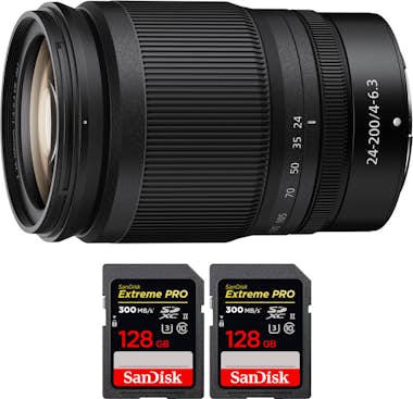 Nikon Z 24-200mm f/4-6.3 VR + 2 SanDisk 128GB UHS-II 300 Nikon Z 24-200mm f/4-6.3 VR + 2 SanDisk 128GB UHS-II 300