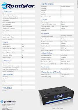 Roadstar , CLR-725BT/BK, Radio de Cocina Bajo Mueble PLL FM Roadstar , CLR-725BT/BK, Radio de Cocina Bajo Mueble PLL FM