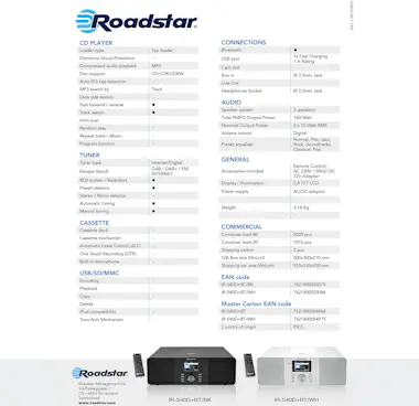 Roadstar , IR-540D+BTWH, Microcadena Radio Internet Wi-Fi D Roadstar , IR-540D+BTWH, Microcadena Radio Internet Wi-Fi D