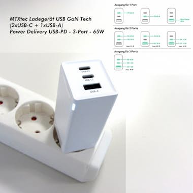 MTXtec Charger 65W USB PD GaN 2xUSB-C, 1xUSB-A white MTXtec Charger 65W USB PD GaN 2xUSB-C, 1xUSB-A white