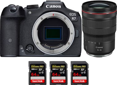 Canon EOS R7 + RF 15-35mm F2.8 L IS USM + 3 SanDisk 64GB Canon EOS R7 + RF 15-35mm F2.8 L IS USM + 3 SanDisk 64GB