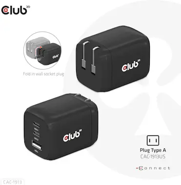 CLUB3D CLUB3D Cargador de viaje PPS Tecnología GAN de 65 CLUB3D CLUB3D Cargador de viaje PPS Tecnología GAN de 65