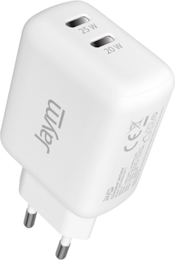 Jaym Cargador de red rápido USB-C dual 45W 3A PD y PPS Jaym Cargador de red rápido USB-C dual 45W 3A PD y PPS