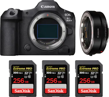Canon EOS R5 Mark II + EF-EOS R + 3 SanDisk 256GB Extrem Canon EOS R5 Mark II + EF-EOS R + 3 SanDisk 256GB Extrem