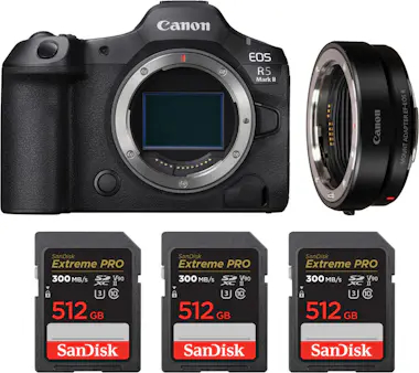 Canon EOS R5 Mark II + EF-EOS R + 3 SanDisk 512GB Extrem Canon EOS R5 Mark II + EF-EOS R + 3 SanDisk 512GB Extrem