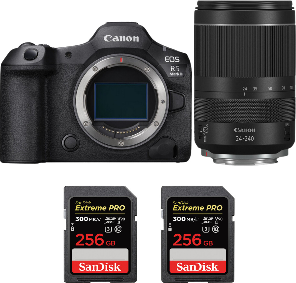 eos r5 mark ii  rf 24-240mm f4-63 is usm  2 sandisk 256gb extreme pro uhs-ii sdxc 300 mbs  ebook mczdirect