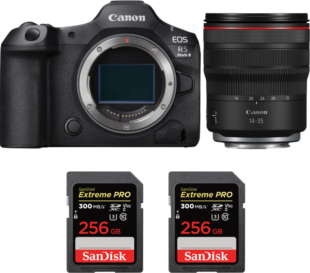 eos r5 mark ii  rf 14-35mm f4 l is usm  2 sandisk 256gb extreme pro uhs-ii sdxc 300 mbs  ebook mczdirect