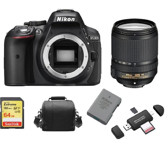 nikon d5300 kit af-s 18-140mm f35-56g ed vr dx  tarjeta sd de 64 gb  bolsa de la camara  en-el14a bateria  lector de tarjetas de memoria