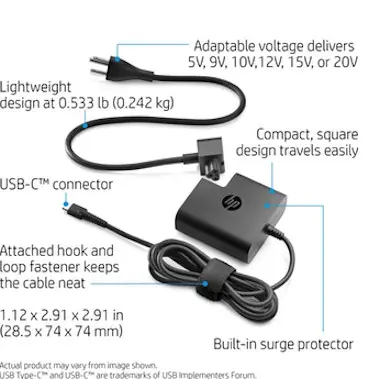 HP HP Adaptador de alimentación de viaje USB-C de 65 HP HP Adaptador de alimentación de viaje USB-C de 65