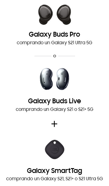 Galaxy Buds Pro o Galaxy Buds Live comprando un Galaxy S21 Ultra 5G + Galaxy SmartTag