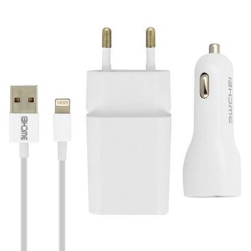 Avizar Pack cargador 2.1A + cargador para coche 2.1A + cable iPhone 1m - Blanco