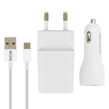 Avizar Pack cargador 2.1A + cargador para coche 2.1A + cable USB-C 1m - Blanco