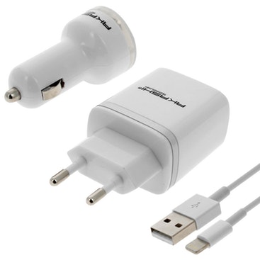 Akashi Cargador 2x USB + cargador coche 2.1A 2x USB + Cable iPhone, - Blanco