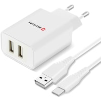 Cargador Doble USB 2.1A Smart IC + Cable USB-C Slim - Blanco