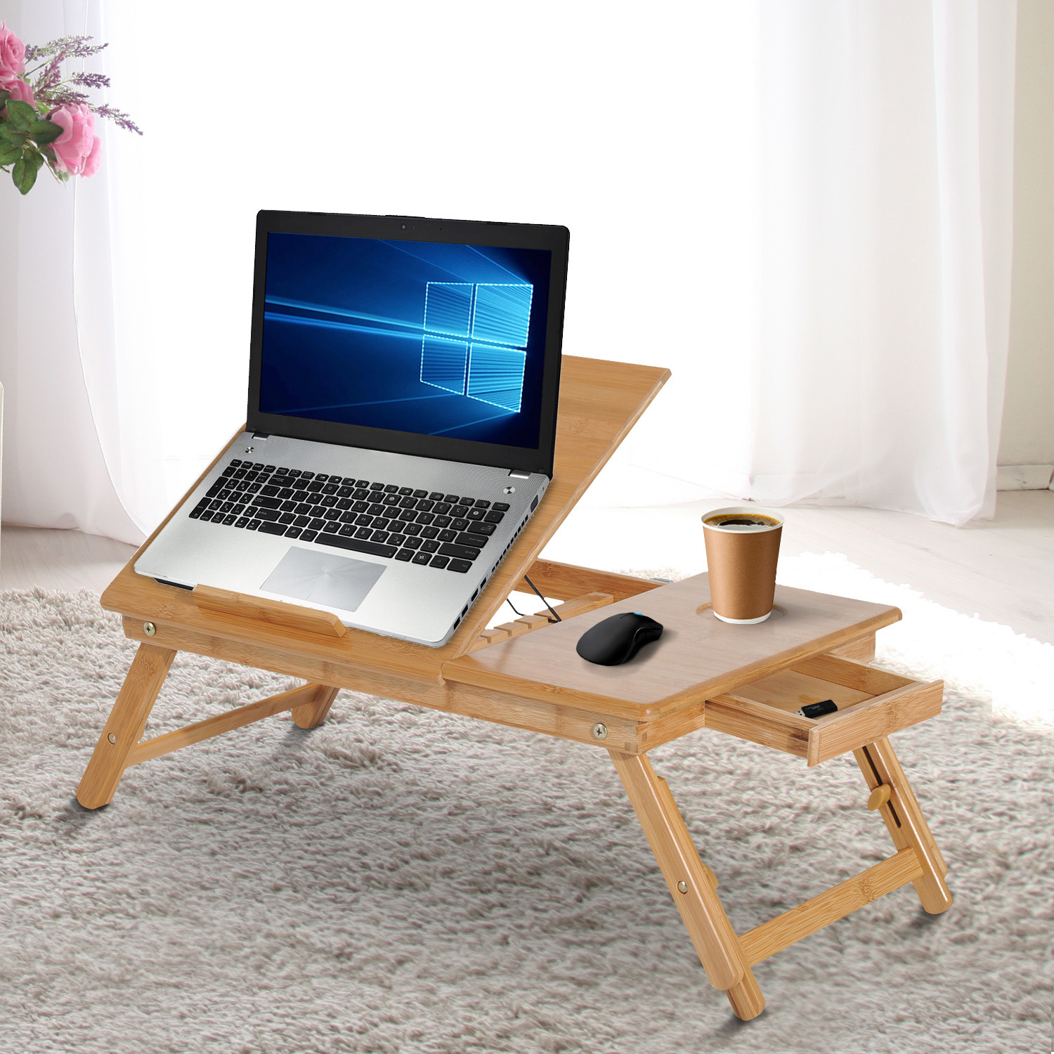 HOMCOM HomCom® Mesa de Ordenador Portátil Bambú Plegable