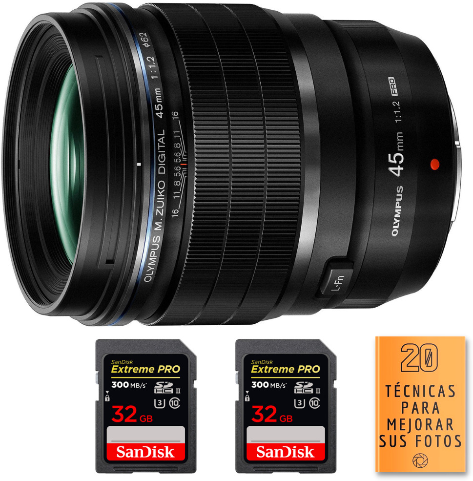 Olympus M.Zuiko Digital ED 45mm f/1.2 PRO + 2 SanDisk 32GB