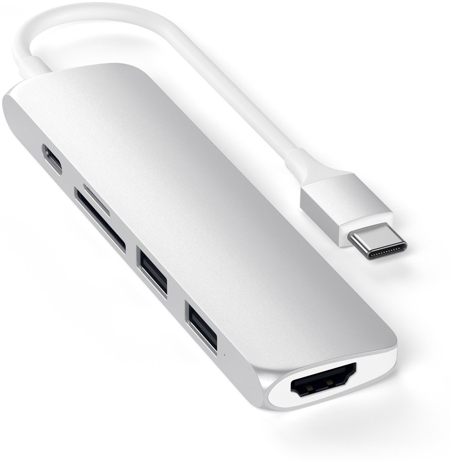 Satechi Adaptador Slim multipuertos de aluminio tipoc v2 con usbc pd 4k hdmi 60hz lectores microsd 3.0 compatible 2022 macbook proair m2 2020 m1 plata stscma2s