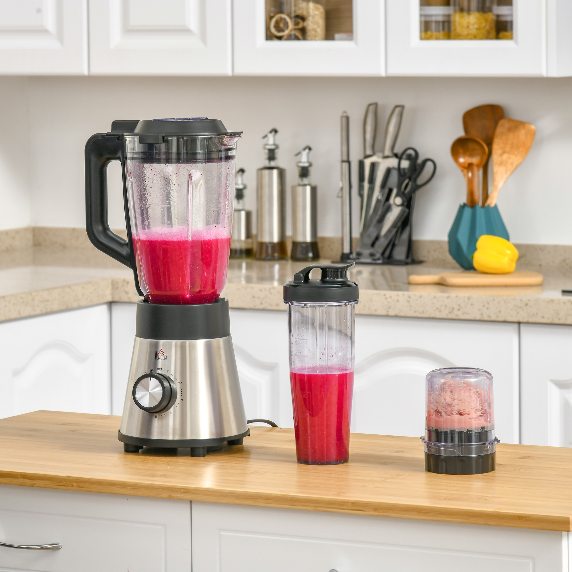 HOMCOM Batidora de Vaso 1000W Jarra de Cristal de 1.5L co