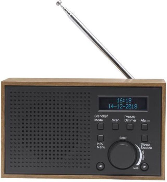 Radio Digital Y fm. denver dab46white. relojdespertador alarma. funciona tanto con batería como corriente. salida audio 2w. acabado madera. retroradio