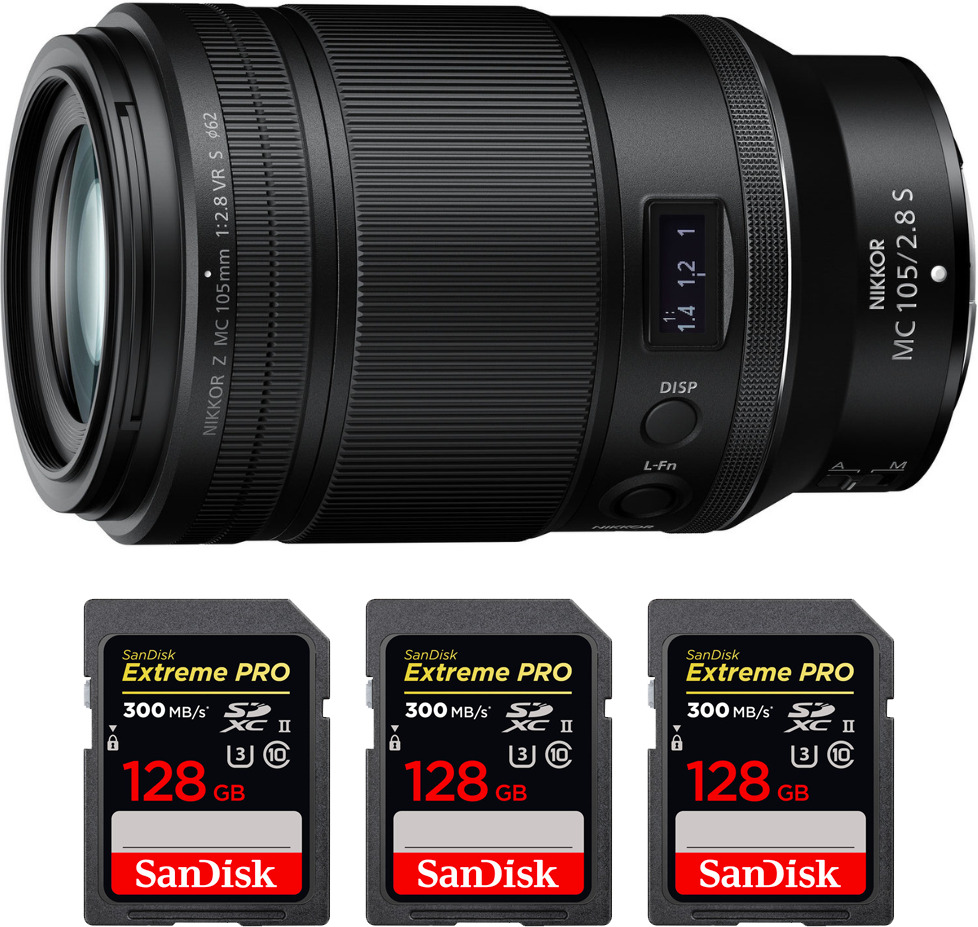Nikon Z MC 105mm f/2.8 VR S Macro + 3 SanDisk 128GB UHS-