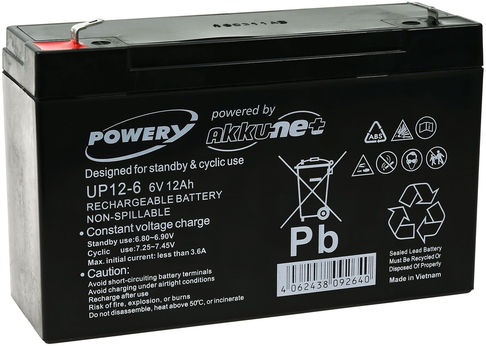 Powery Bateria de GEL para SAI y Alumbrados de emergencia 6V 12Ah (Reemplaza también 10Ah)