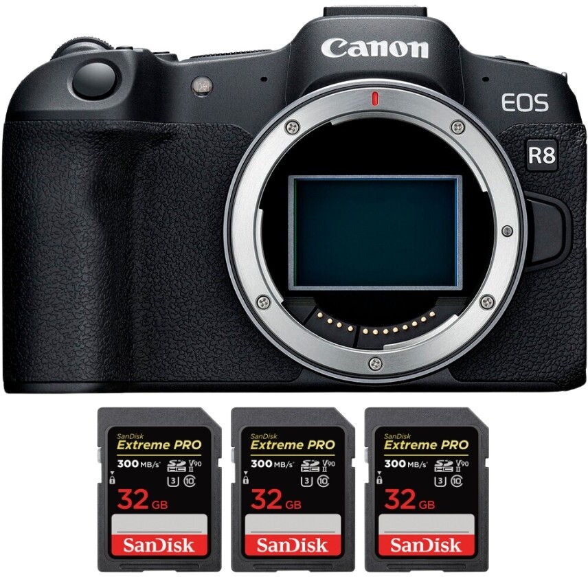 Canon EOS R8 + 3 SanDisk 32GB Extreme PRO UHS-II SDXC 30
