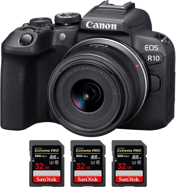Canon EOS R10 + RF-S 18-45mm F4.5-6.3 IS STM + 3 SanDisk