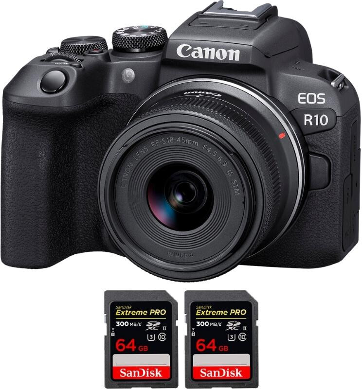 Canon EOS R10 + RF-S 18-45mm F4.5-6.3 IS STM + 2 SanDisk