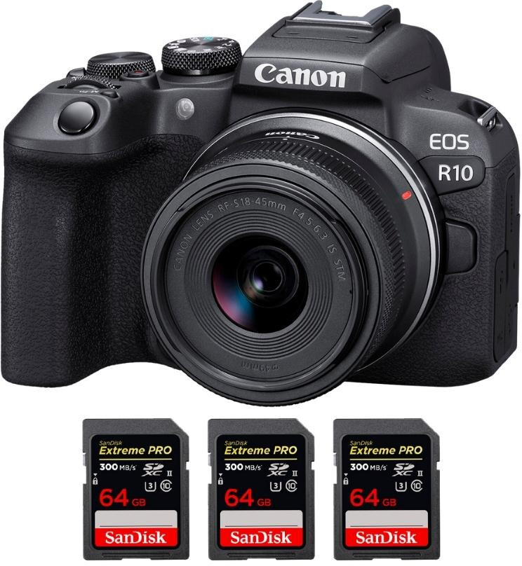 Canon EOS R10 + RF-S 18-45mm F4.5-6.3 IS STM + 3 SanDisk