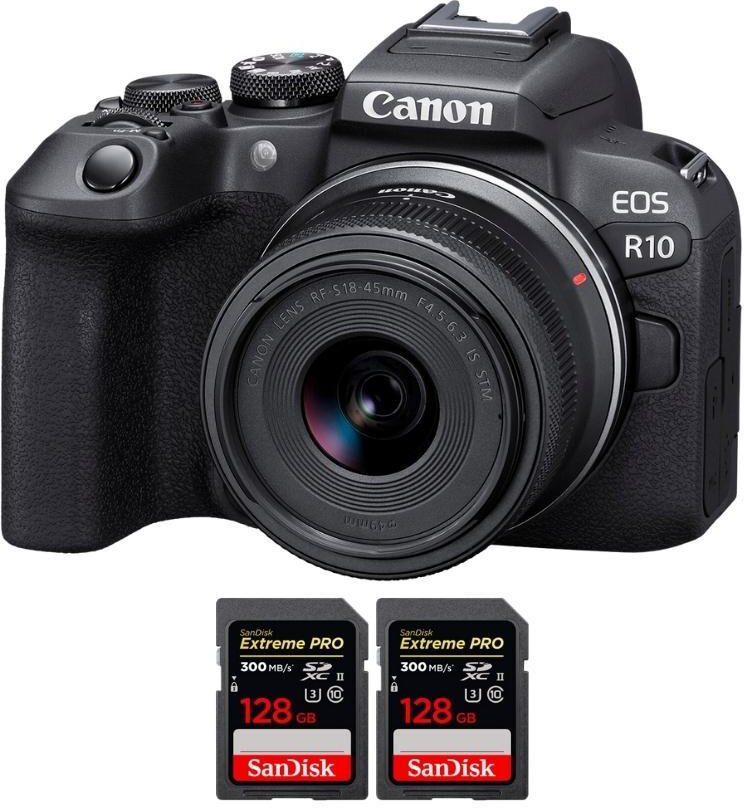 Canon EOS R10 + RF-S 18-45mm F4.5-6.3 IS STM + 2 SanDisk
