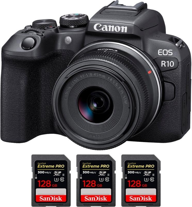 Canon EOS R10 + RF-S 18-45mm F4.5-6.3 IS STM + 3 SanDisk