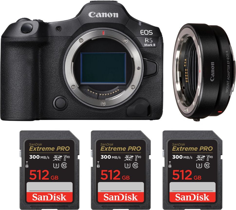 Canon EOS R5 Mark II + EF-EOS R + 3 SanDisk 512GB Extrem