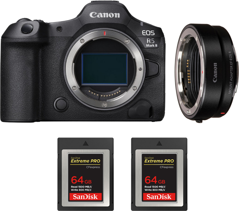 Canon EOS R5 Mark II + EF-EOS R + 2 SanDisk 64GB Extreme
