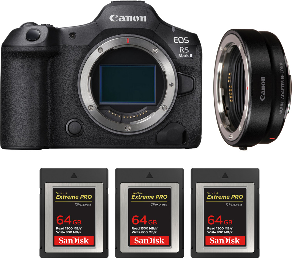 Canon EOS R5 Mark II + EF-EOS R + 3 SanDisk 64GB Extreme
