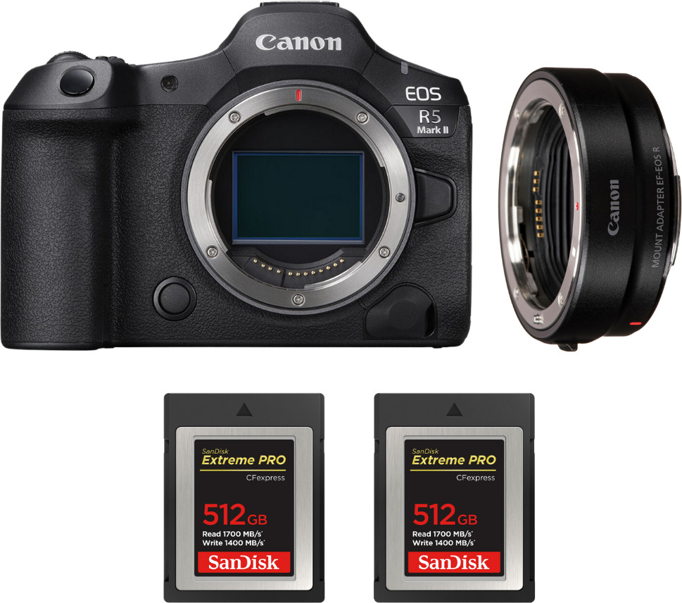 Canon EOS R5 Mark II + EF-EOS R + 2 SanDisk 512GB Extrem