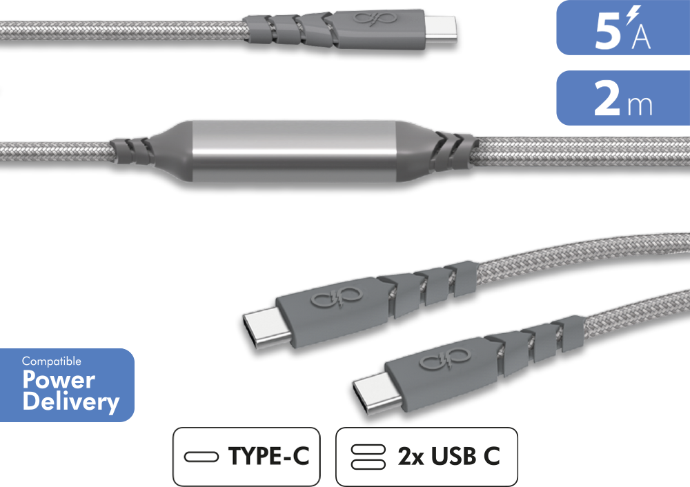 Force Power Lite F153136 - Cable USB-C/ 2 USB-C, ultrareforzad