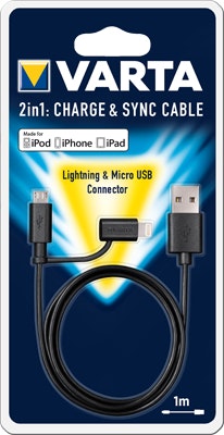 Cable Varta 57943101401 cargador 2 en 1 usb de microusb blightning negro 2in1 charge sync y adaptador lightning apto para dispositivos apple como iphone ipad samsung huawai 38781