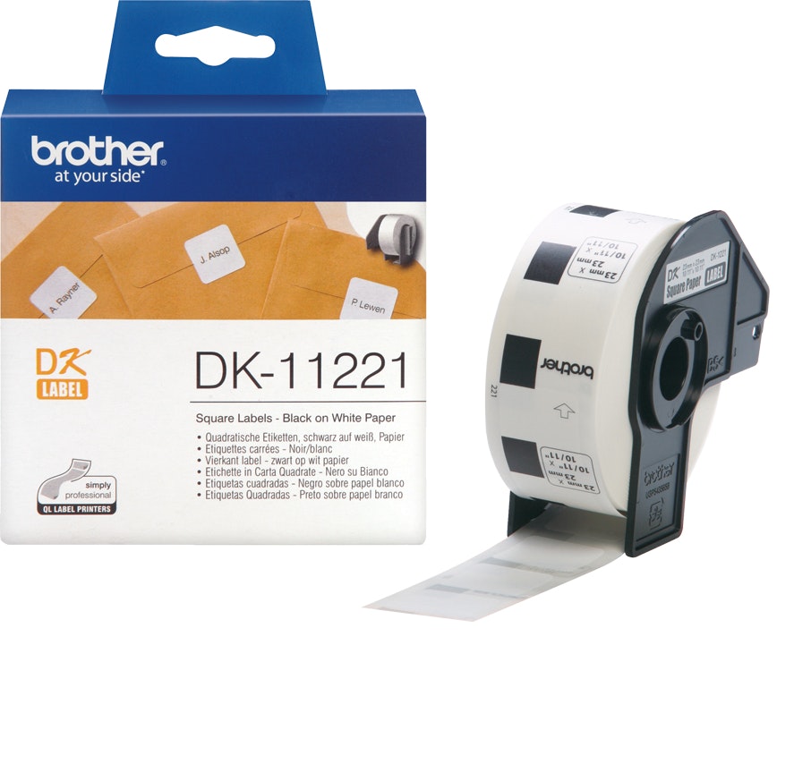 Consumible Original Brother dk11221 etiquetas precortadas cuadradas papel color negroblanco 23 x mm blanco