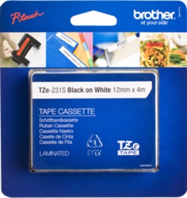 Brother Tze231s Cinta laminada 3.6 cm color blanconegro en blister de etiquetas para negro