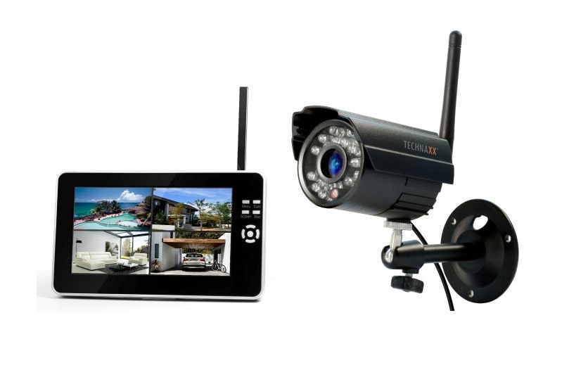 Kit Sistema De vigilancia technaxx easy security camera set tx28 outdoor plug play lcd monitor pir 7 pulgadas diurna y nocturna incorporado 4 canales resistente agua pantalla sensor cmos rca usb negro