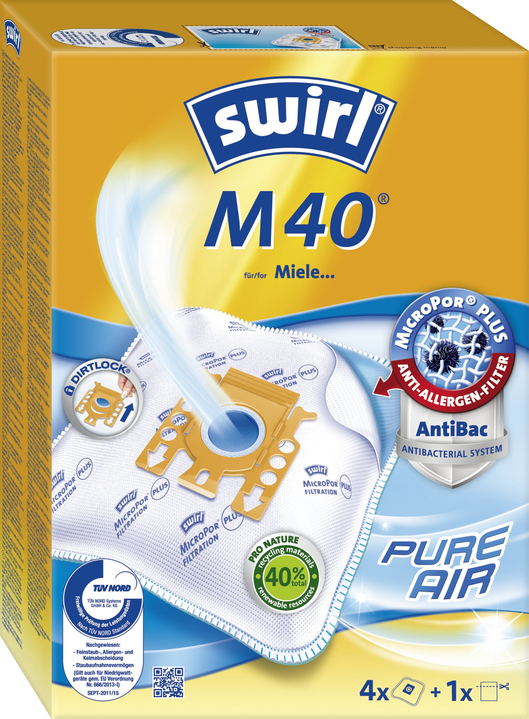 Swirl M40 40 micropor plus green para aspiradora miele alta potencia de permanente 4 bolsas 1