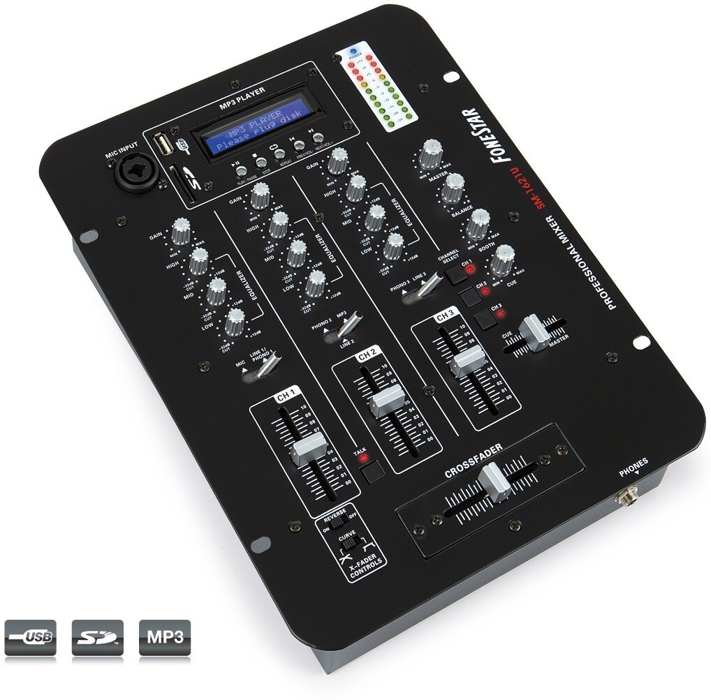 Fonestar Mesa de Mezclas profesional de 3 canales para uso DJ, con USB - SD - MP3