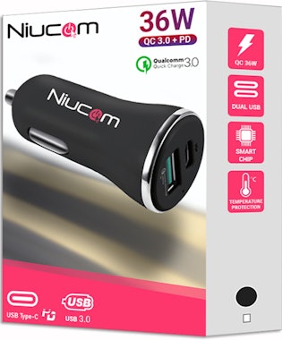 Compra Niucom Cargador rápido de mechero para móvil 36W dual USB ( 18w Tipo  C PD + 18W USB QC 3 ) cable no incluido